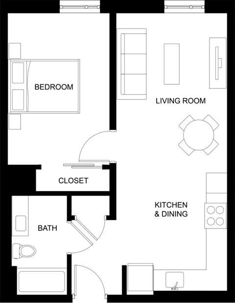 a floor plan of a small house with a kitchen and a living room